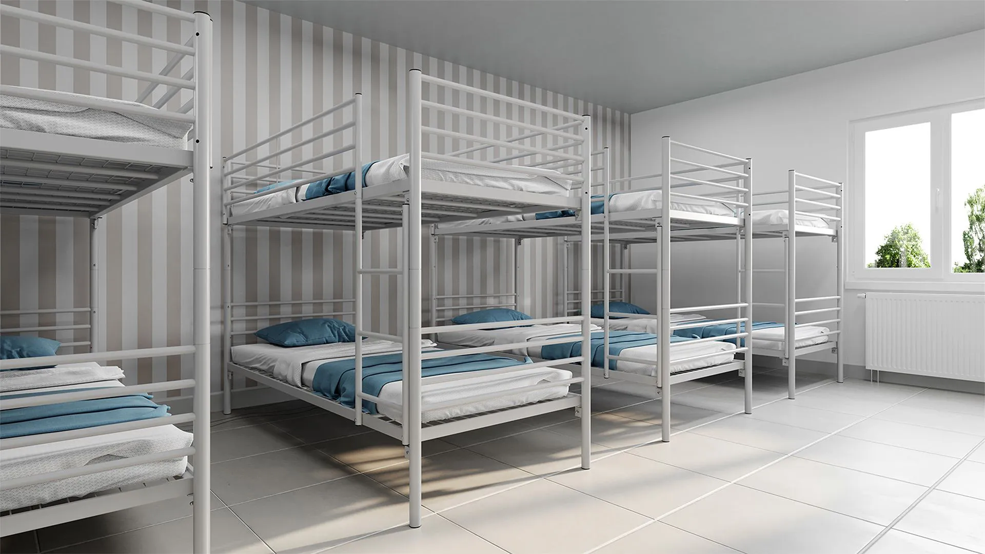 Mehrbettzimmer mit Etagenbetten aus Metall