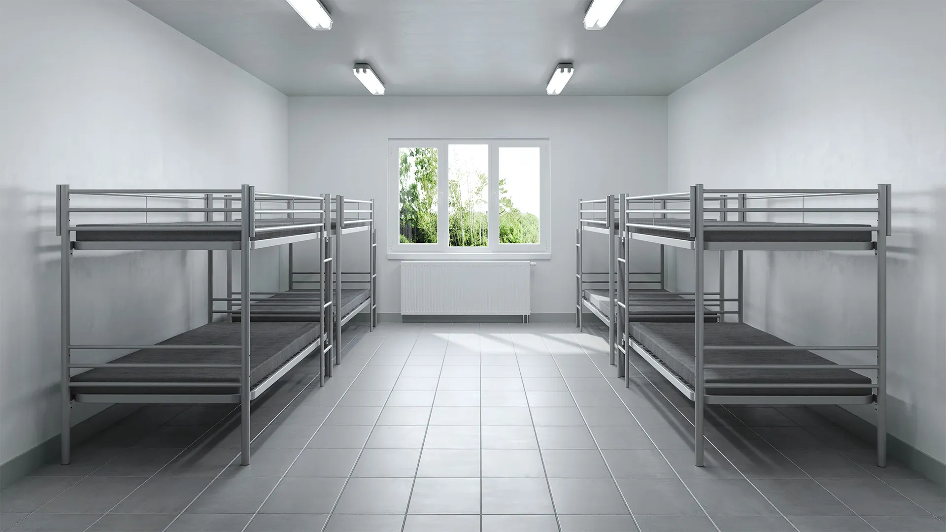 Mehrbettzimmer mit vier Etagenbetten aus Stahl